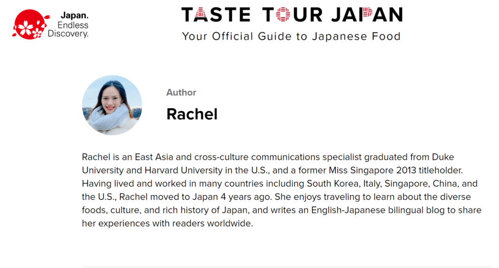 My author profile on the JNTO’s website. Happy to be a contributor to their “Taste Tour Japan” restaurant guide series!  
JNTOのウェブサイトに掲載された私のプロフィール。JNTOの「Taste Tour Japan」レストランガイドシリーズに貢献できて嬉しいです。^^
